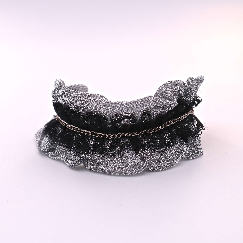 A&M Silver Mesh and Black Lace Bracelet with Chain